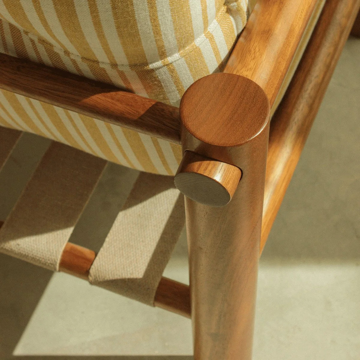 James Armchair - Outdoor, detail of the Iroko Wood joinery and webbing straps
