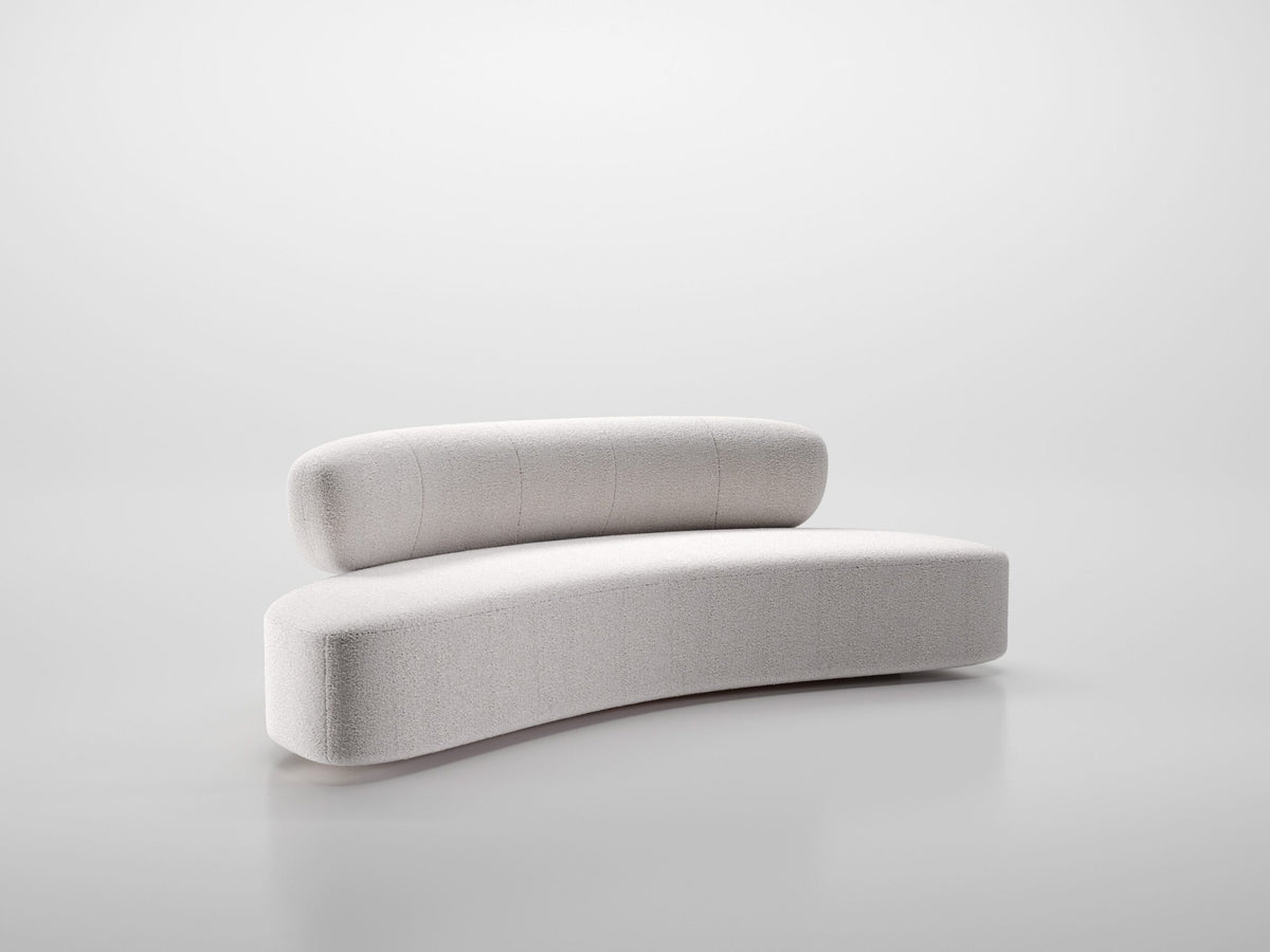 Asawa Sofa in off-white, long curved front view on grey