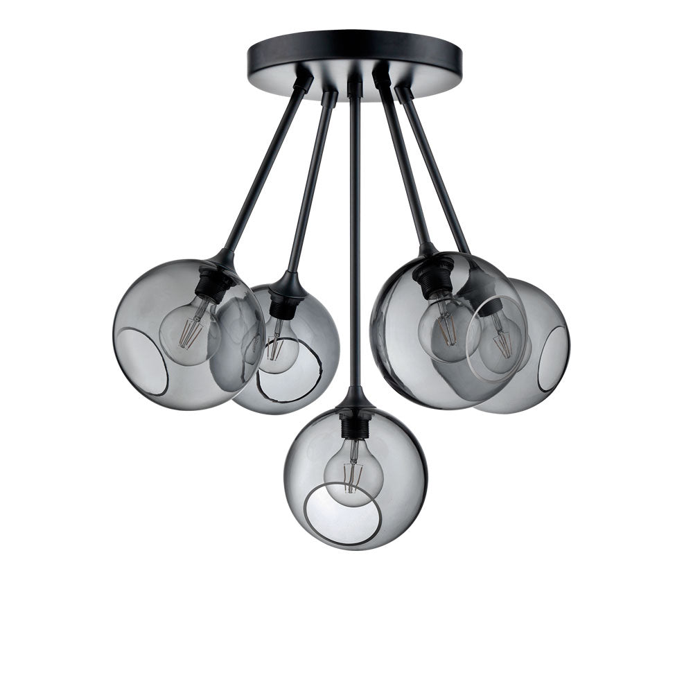Ballroom Molecule Black - Smoke Chandelier: five smoke globes on black arms