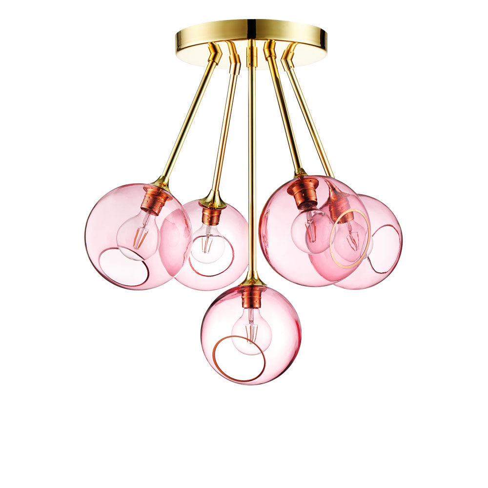 Ballroom Molecule Chandelier with pink glass globes and gold frame