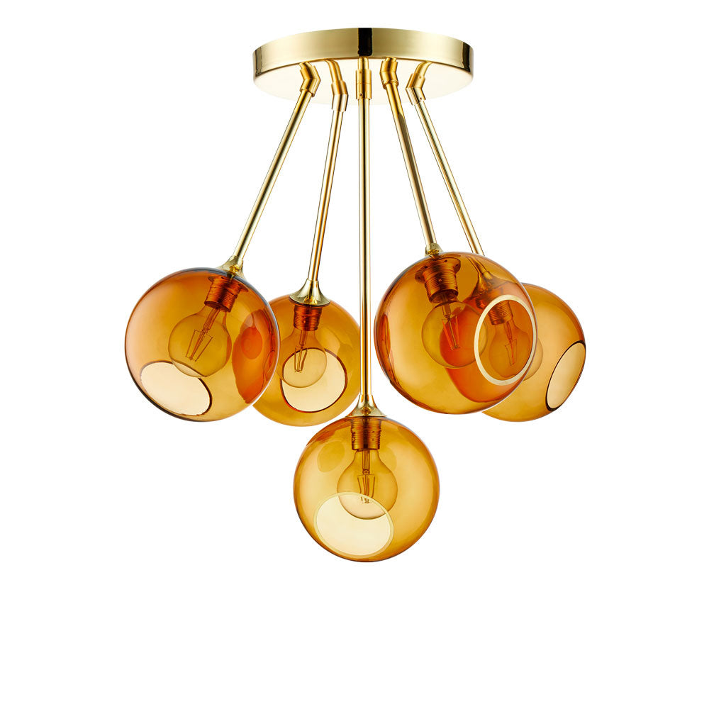 Ballroom Molecule Gold - Amber Chandelier, five amber glass globes on gold arms
