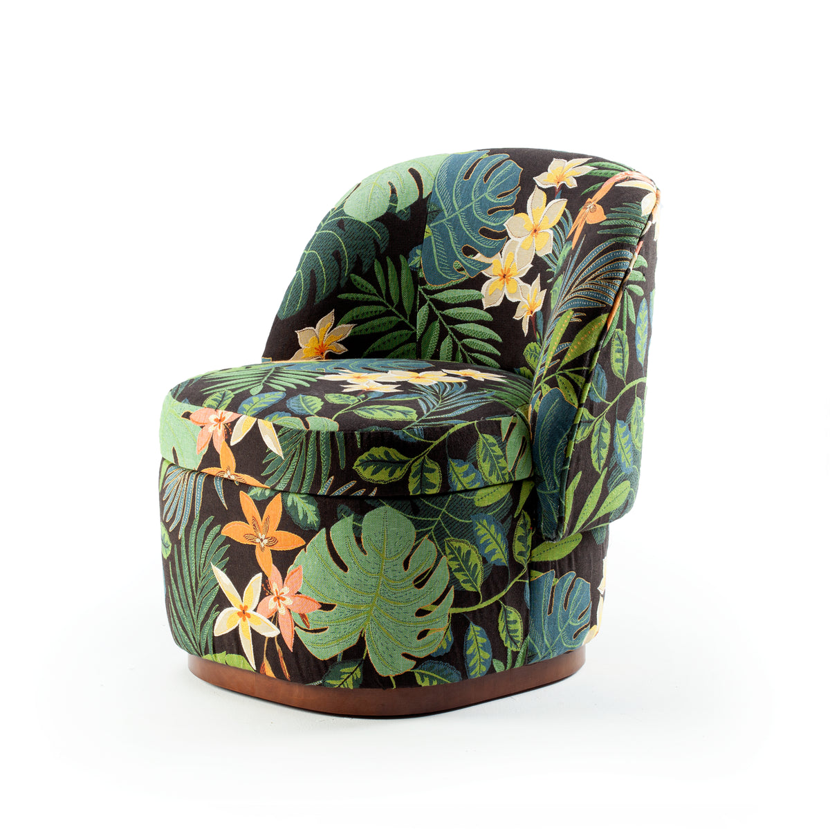 Bisou Armchair in tropical leaf print fabric, three-quarter view