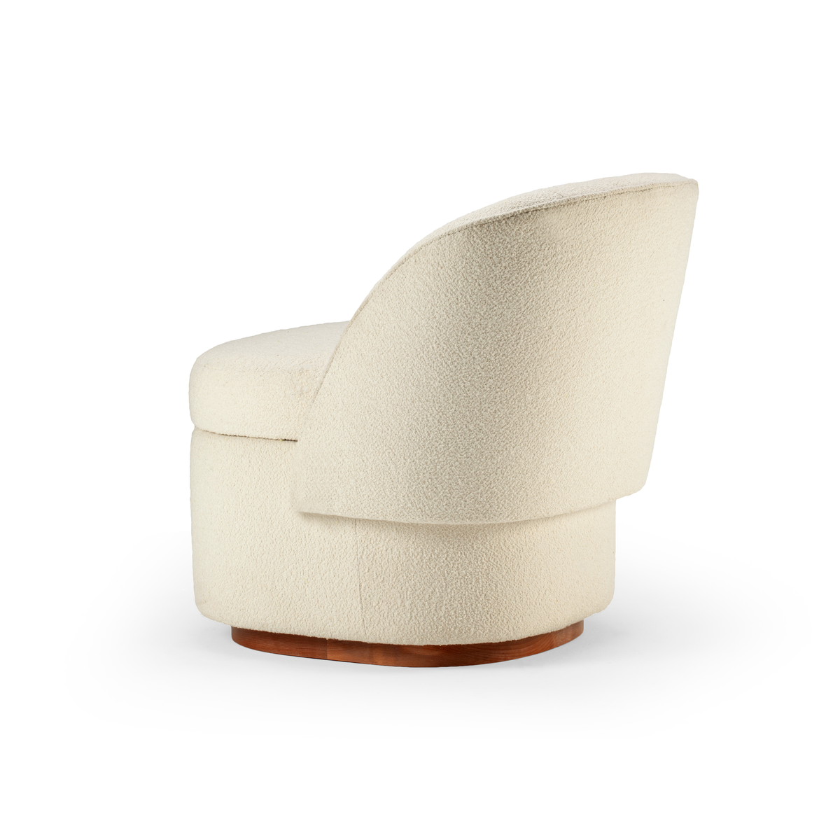Bisou Armchair in cream bouclé, side view with wood base