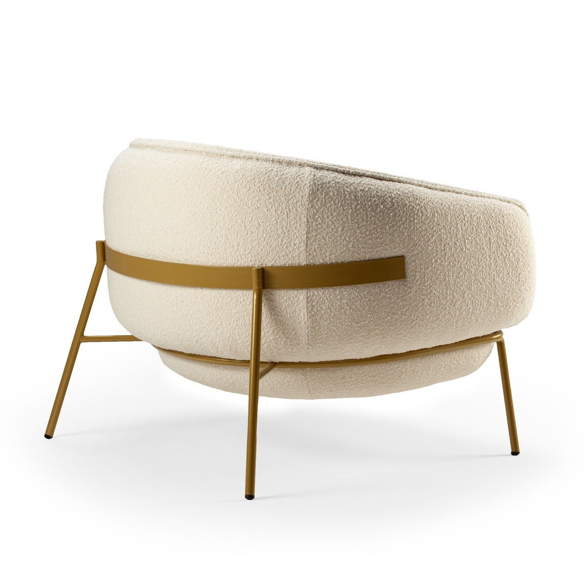 Blop Armchair in cream bouclé, side-back view with gold metal frame
