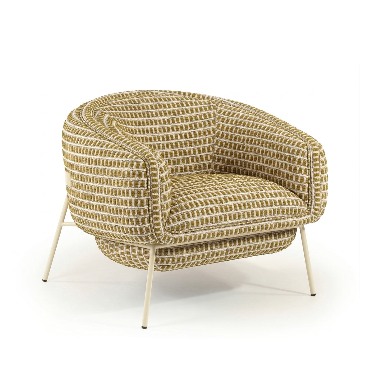 Blop Armchair in mustard and cream woven fabric, three-quarter front view