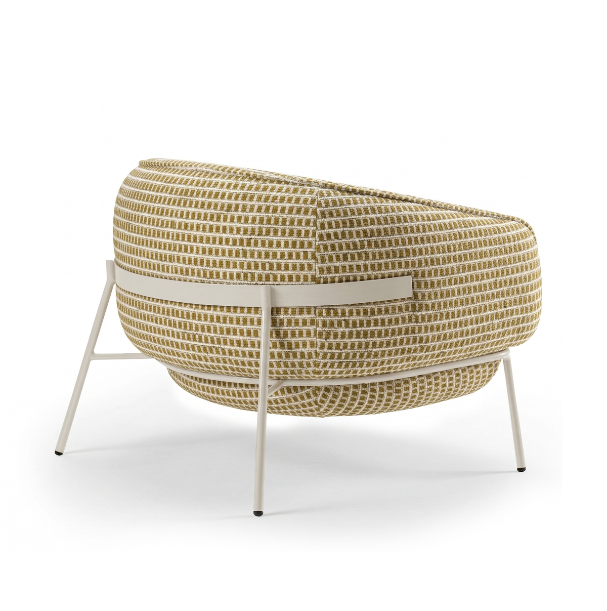Blop Armchair in mustard woven fabric, three-quarter back view with cream frame