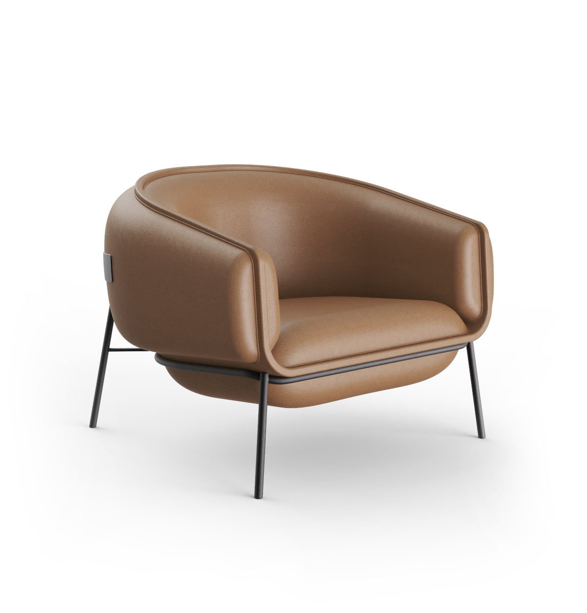 Blop Armchair in tan leather with black legs, three-quarter view