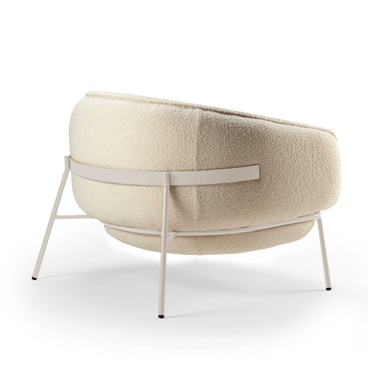 Blop Armchair in cream bouclé, three-quarter back view showing the band