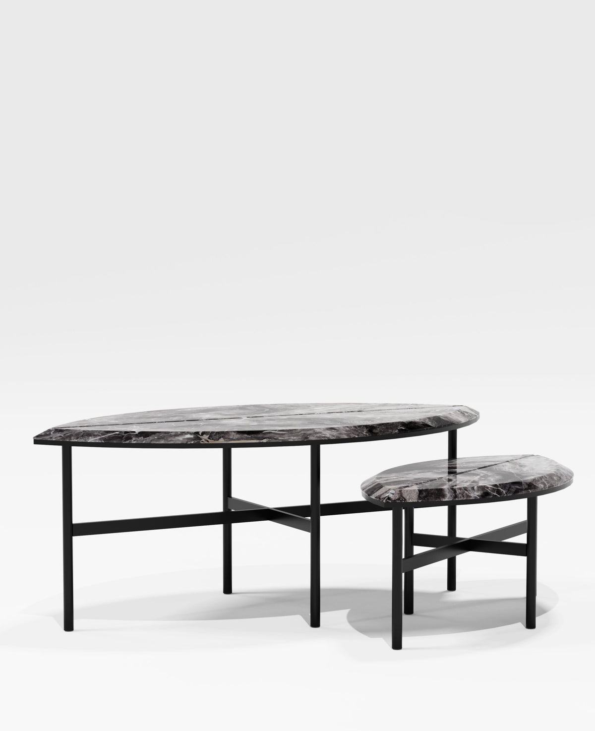 Book One & Two Coffee Table pair in grey marble, side view