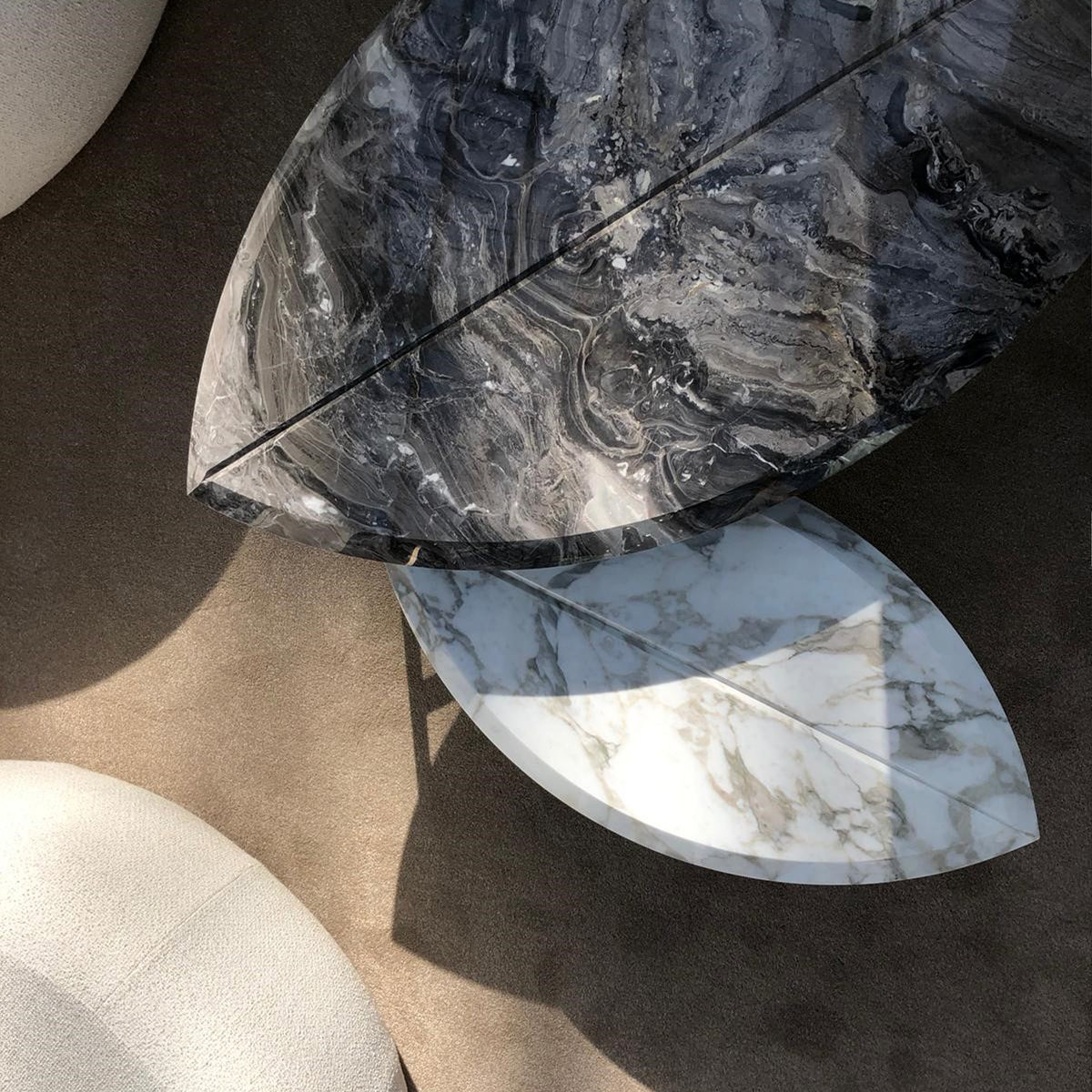 Book One & Two Coffee Table overhead detail of dark grey and white marble