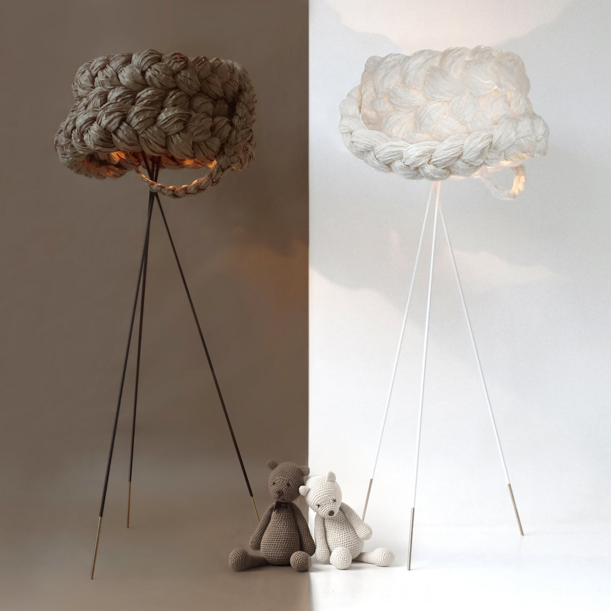 Mammalampa Bride Floor Lamp pair in brown and white braided paper with teddy bears at their feet