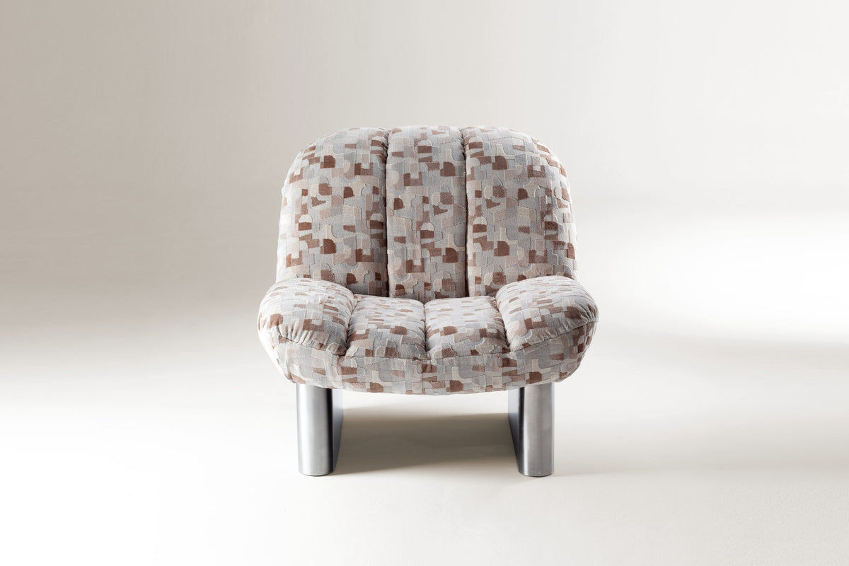 Colin Armchair in geometric patterned fabric with chrome legs, front view