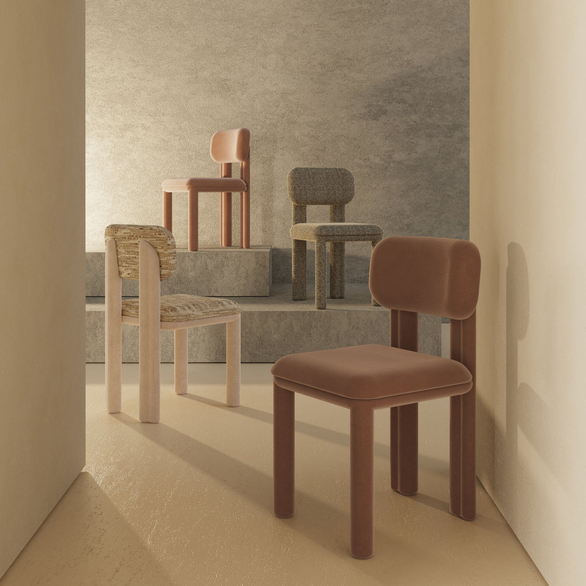 Camelia Dining Chair group in assorted fabrics on stepped plinths