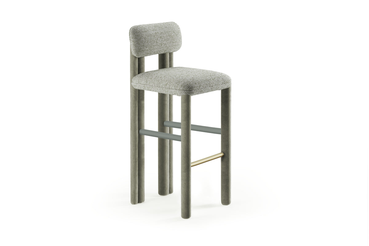 Camelia Bar Stool in sage bouclé on a white background