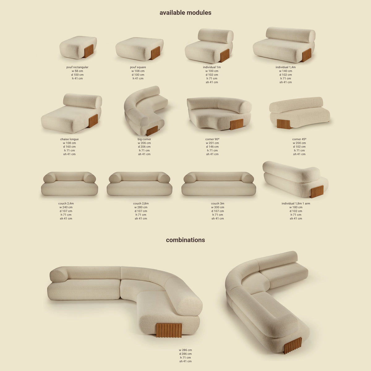 Carmel Modular Sofa - 3 Piece available modules and combinations chart