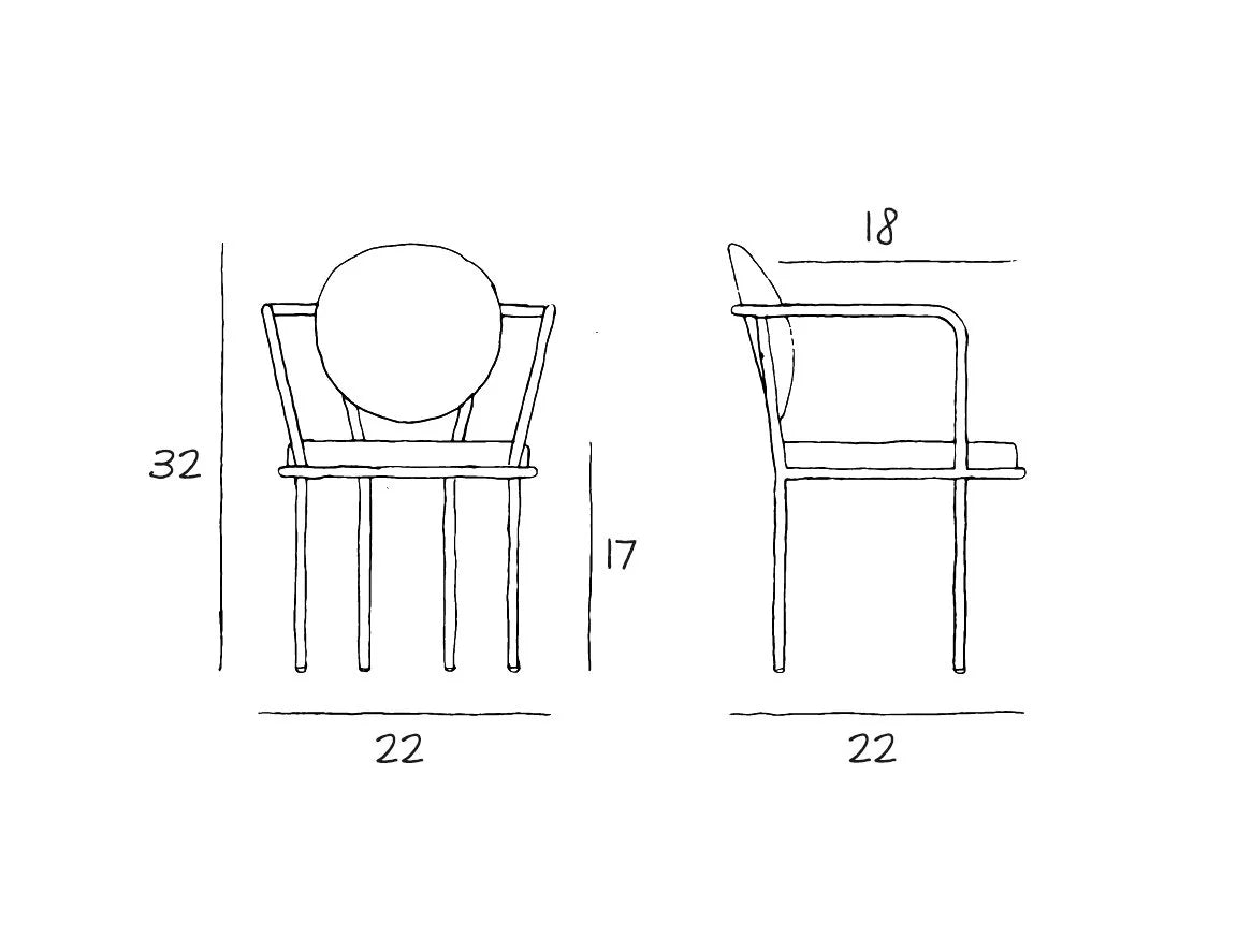 Casablanca Chair dimension drawing: 32 in high, 22 in wide, 22 in deep, 17 in seat height, 18 in arm