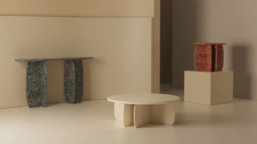 Catus Console Table - Outdoor in speckled terrazzo with a low round table and red pedestal