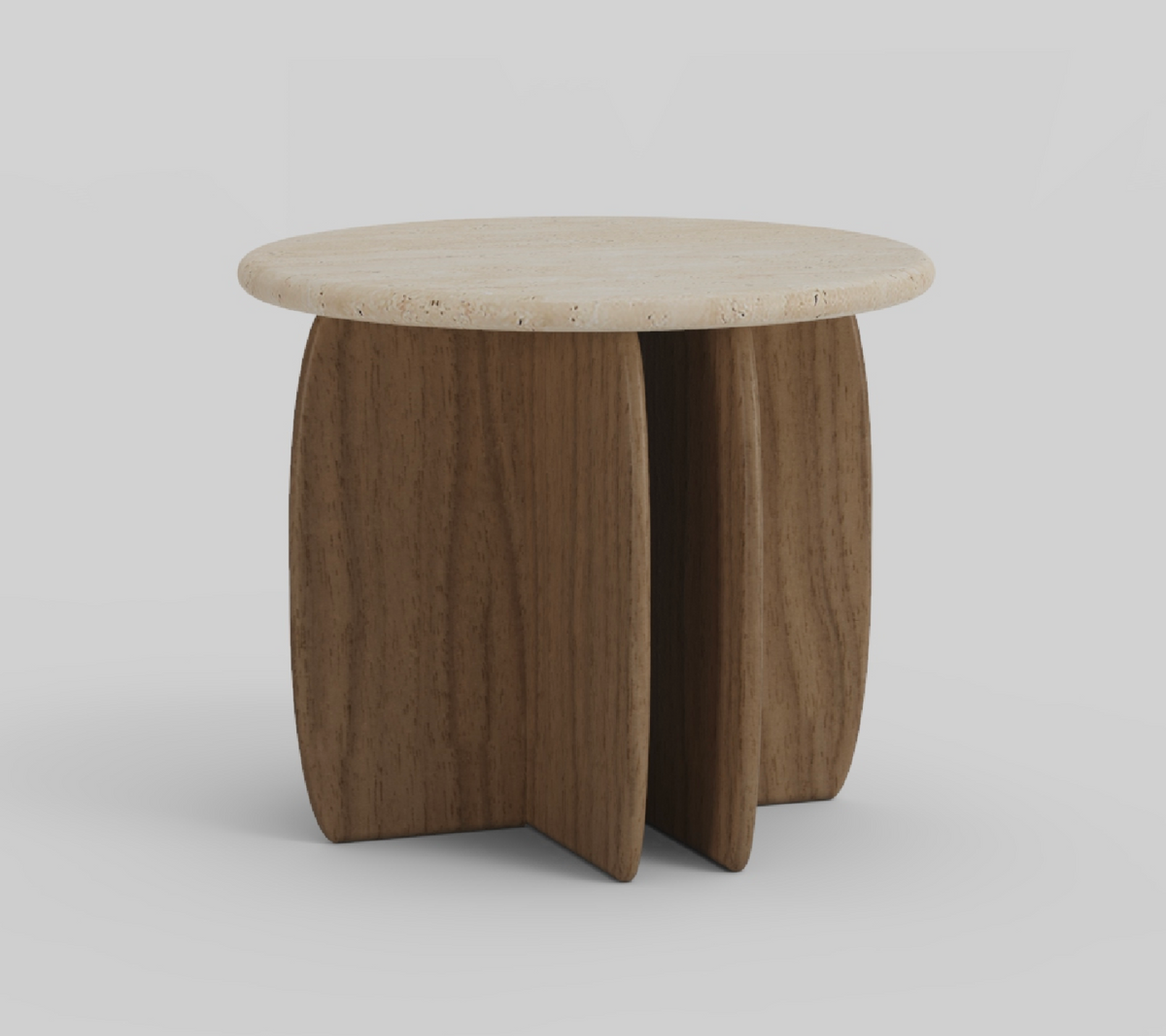 Catus Marble Side Table with Travertine top and Natural Walnut base on grey