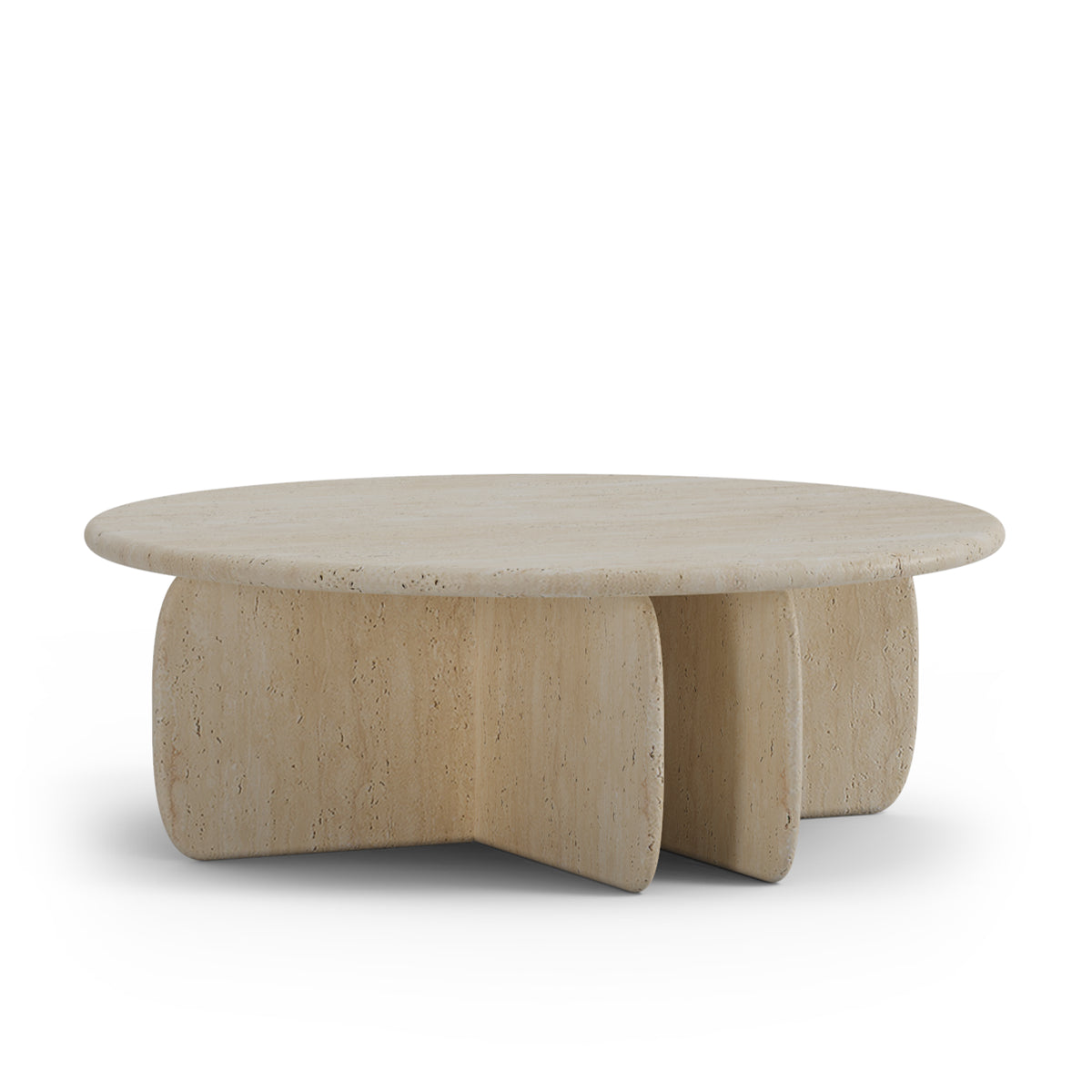 Catus Outdoor Coffee Table in natural travertine, a round top on a curved panel base