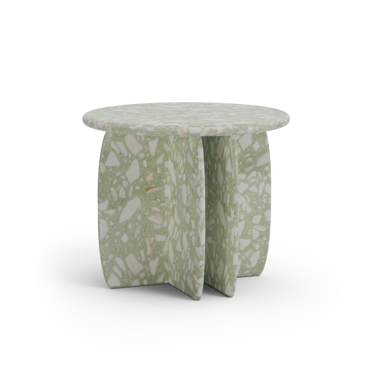 Catus Marble Side Table in light green Terrazzo with white chips, three-quarter view