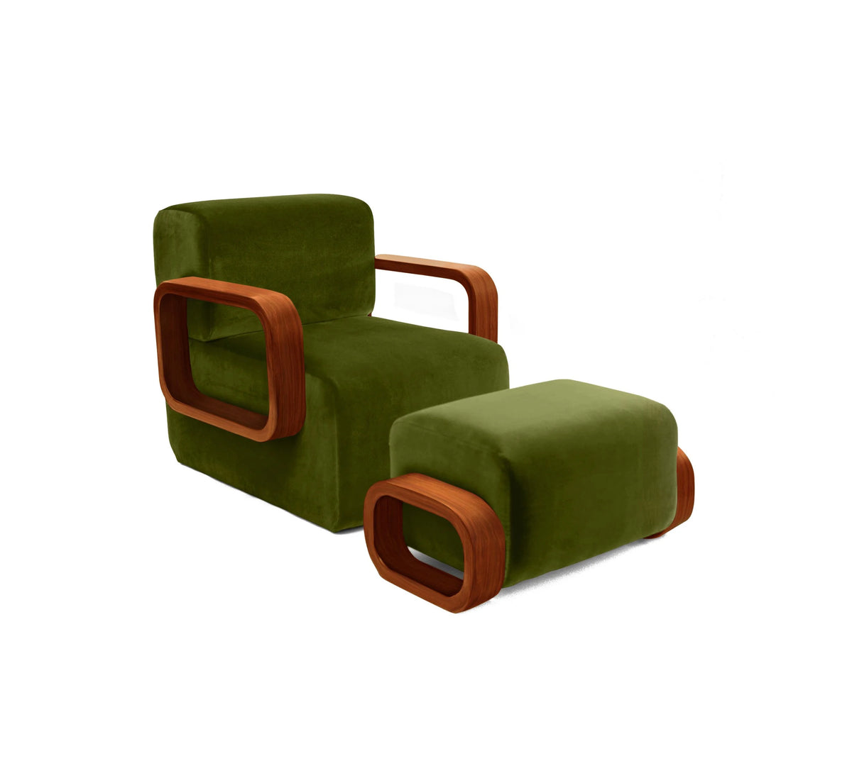 Cayenne Lounge Chair side view, high-gloss Brown solid oak Avocado Velvet