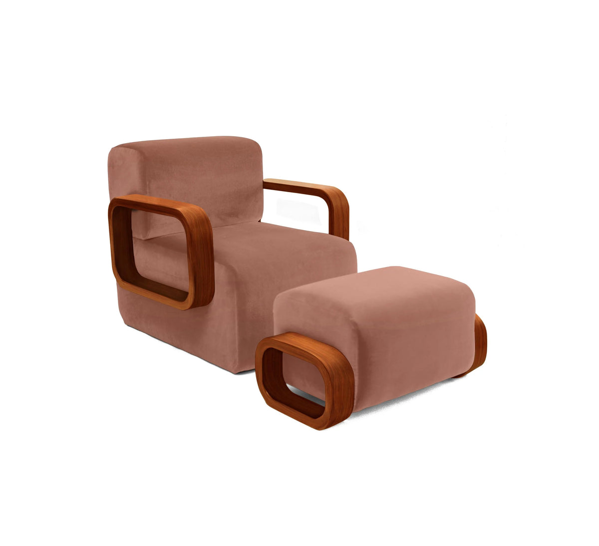 Cayenne Lounge Chair side view, high-gloss Brown solid oak Cameo Velvet