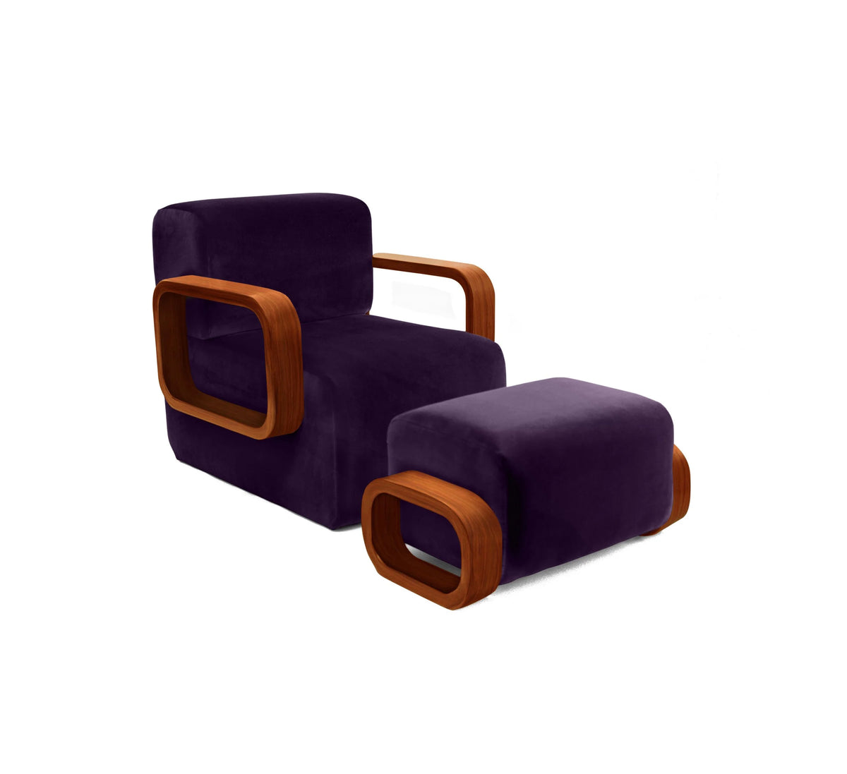 Cayenne Lounge Chair side view, high-gloss Brown solid oak Violet Velvet