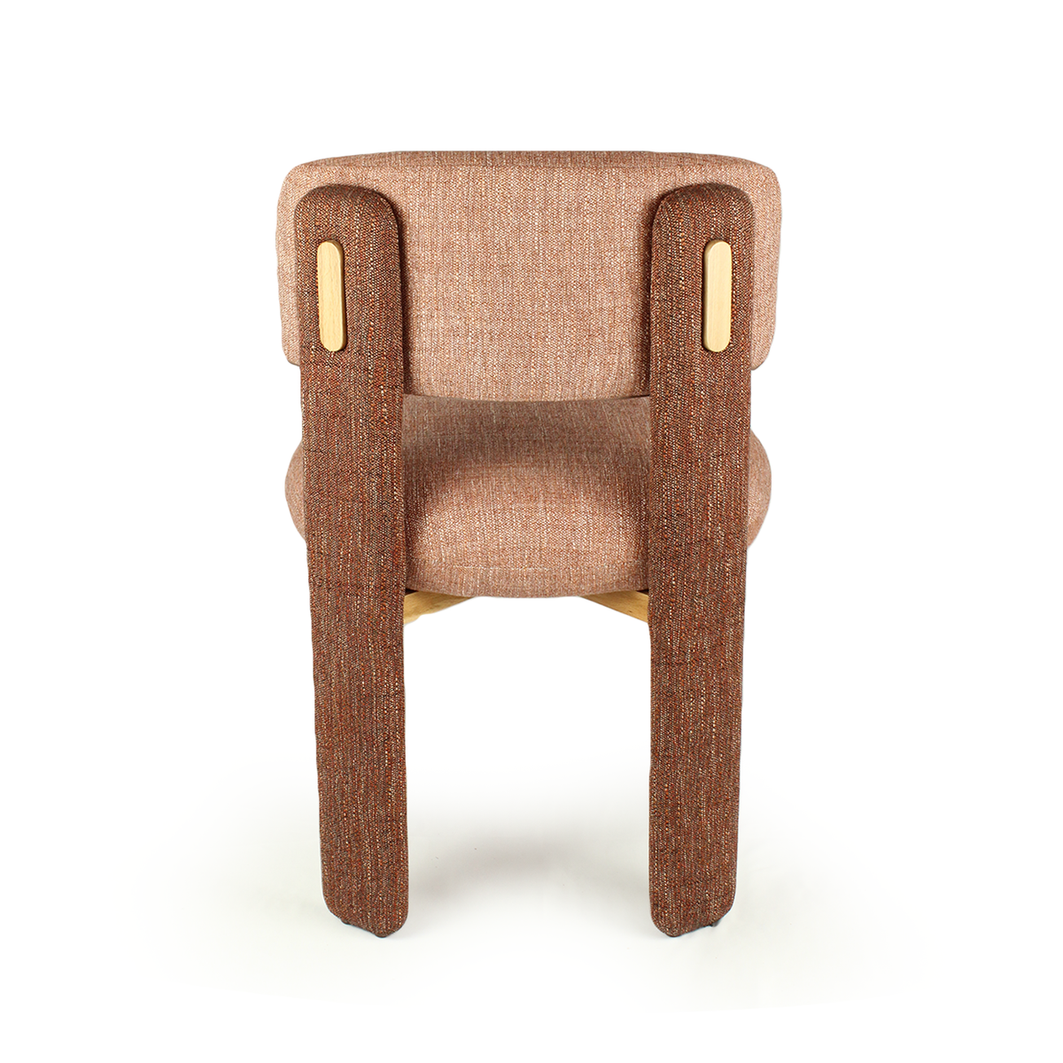 Choux Dining Chair in pink weave with brown legs, back view with brass inlays