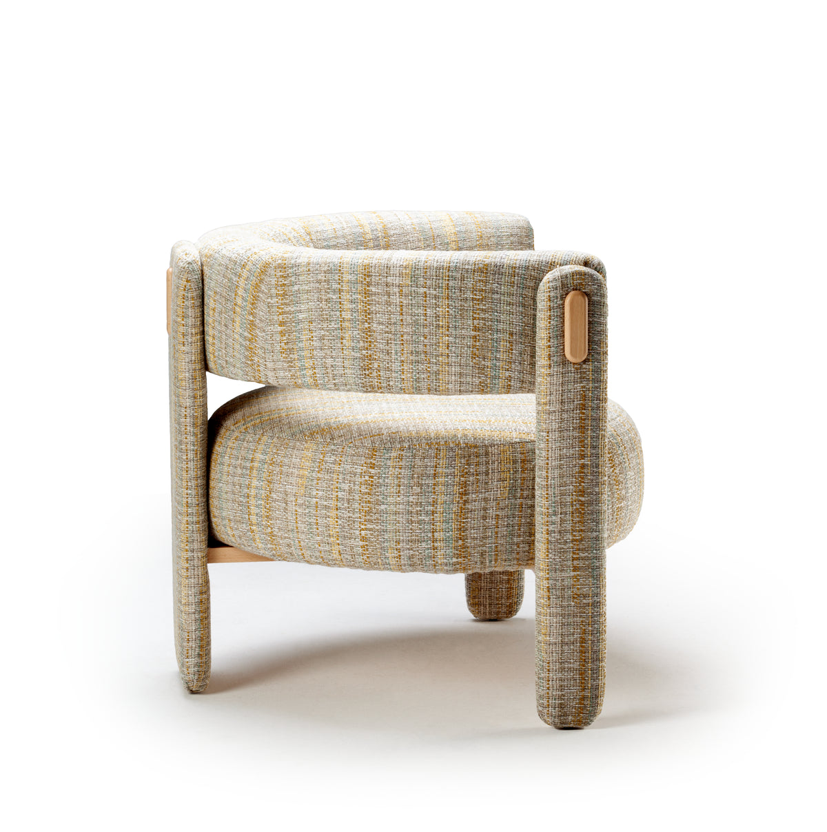 Choux Armchair in multicolour weave, angled from the right
