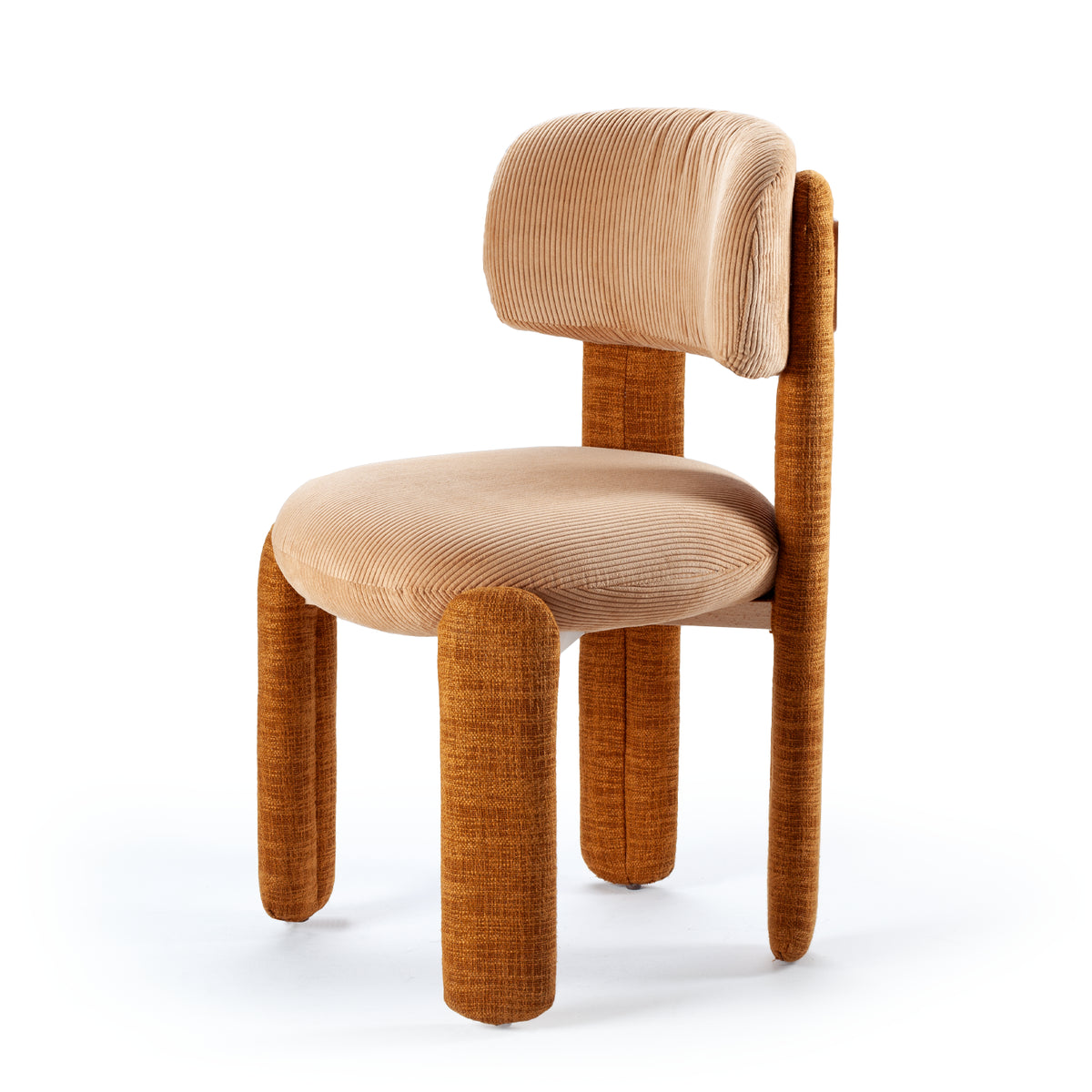 Choux Dining Chair in peach velvet backrest and seat with rust weave legs