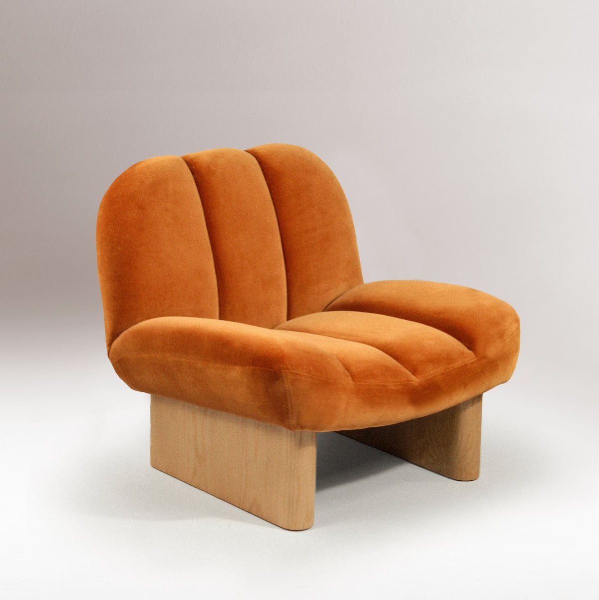 Colin Armchair in orange velvet with natural oak feet by Maison Burgos