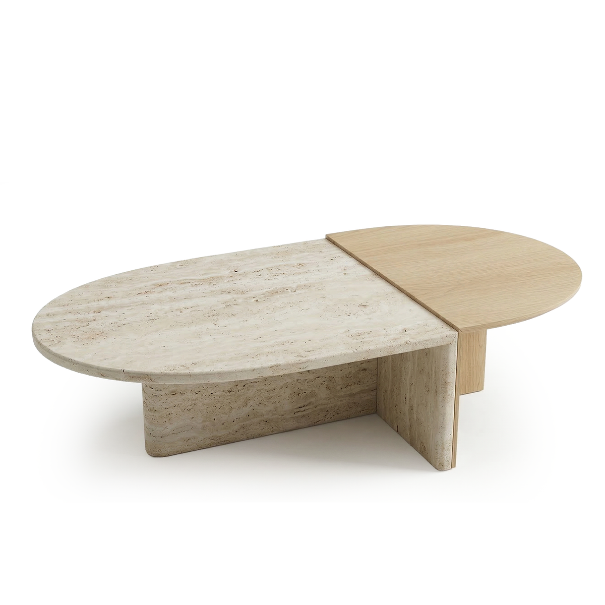 Duplex Coffee Table in Travertine and light oak, three-quarter view from above