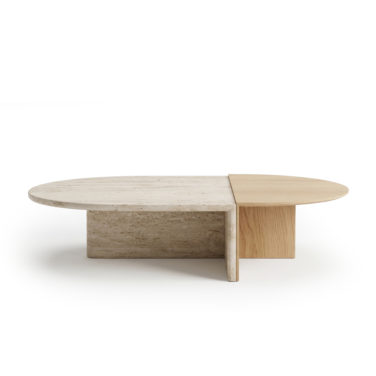 Duplex Coffee Table in Travertine and light oak, low front view