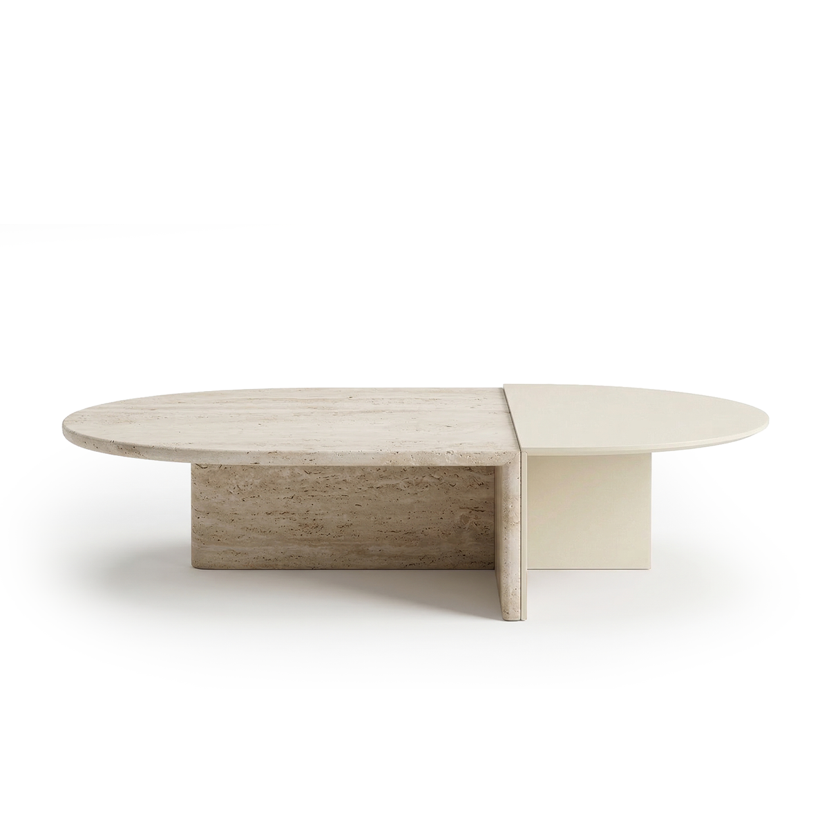 Duplex Coffee Table in Travertine with ivory Lacquered Wood half, front view