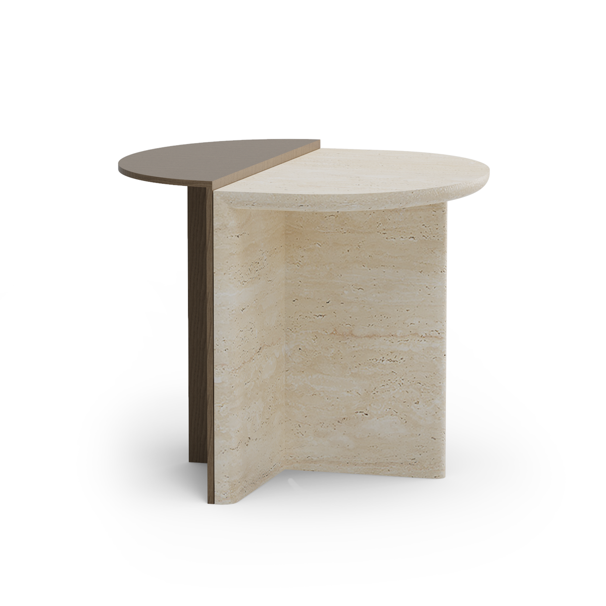 Duplex Side Table in Travertine with taupe Lacquered Wood half, front view
