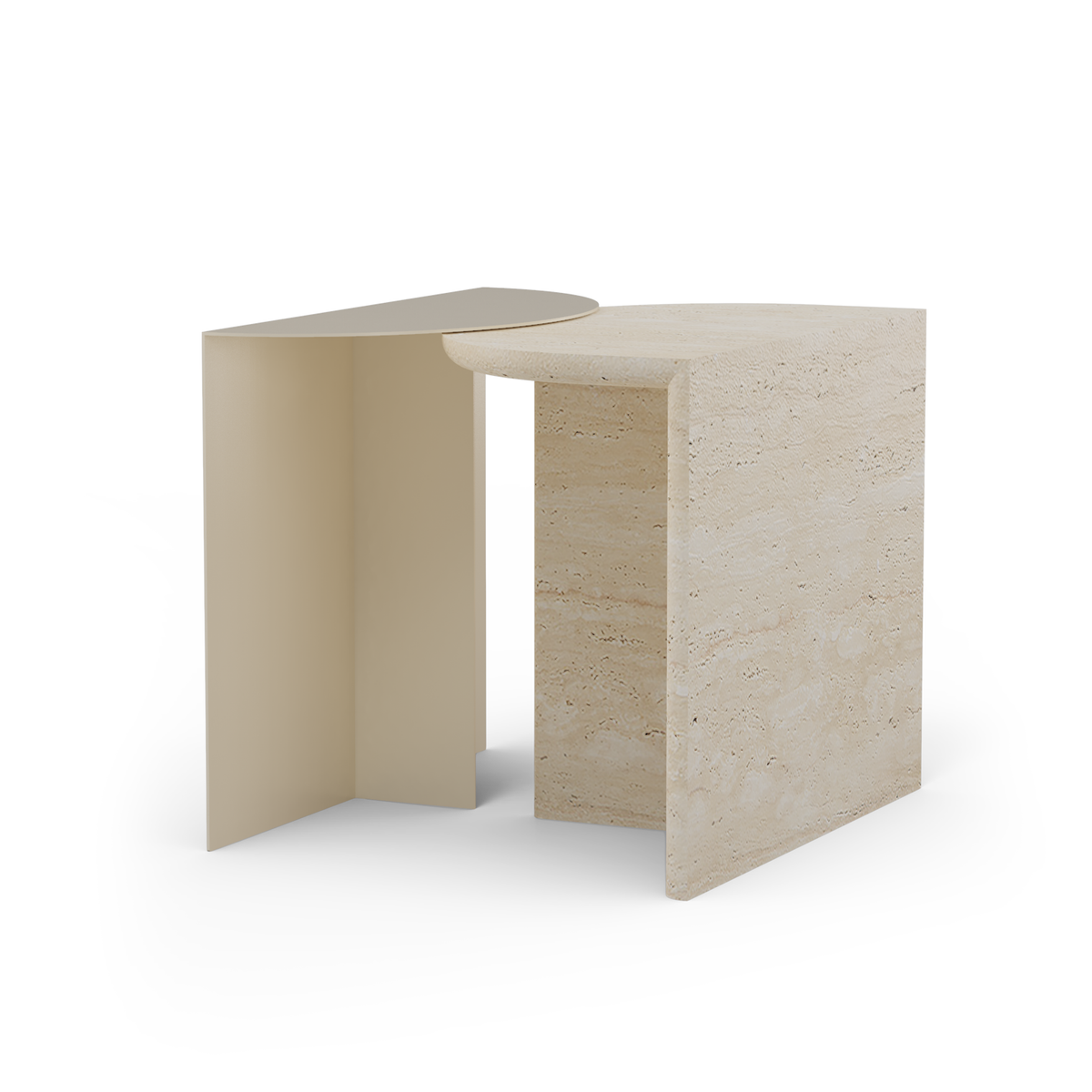 Duplex Side Table in Travertine with ivory panel, side angle showing the split base