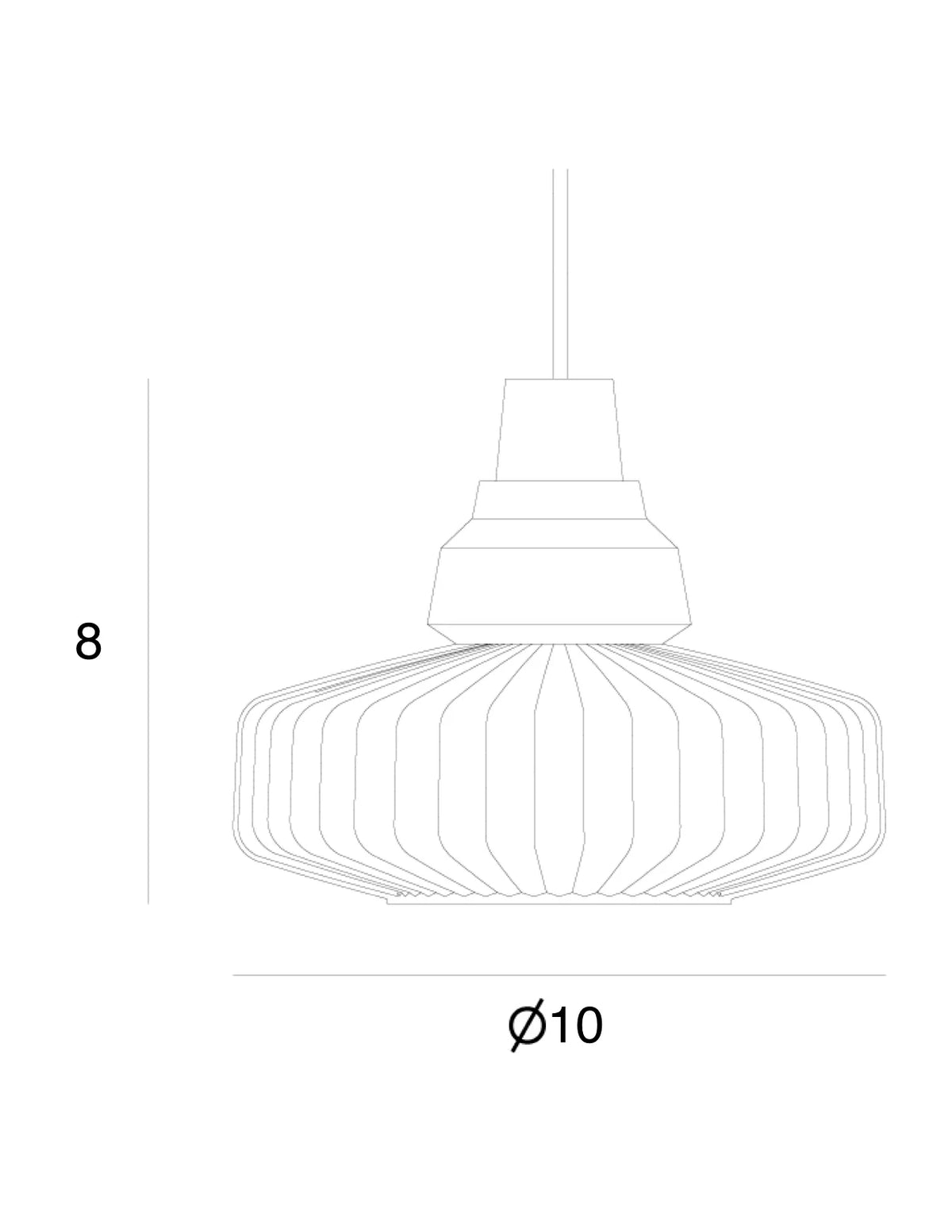 New Wave Optic Pendant Light Pink dimension drawing: 8" high, Ø10" shade