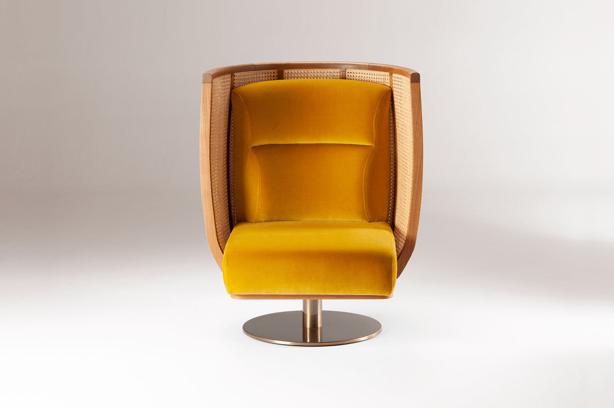 Egoista Armchair in mustard yellow velvet, front view with cane-backed shell