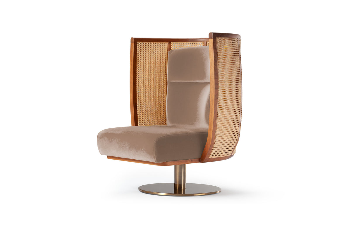 Egoista Armchair in taupe velvet with cane wings and metal swivel base