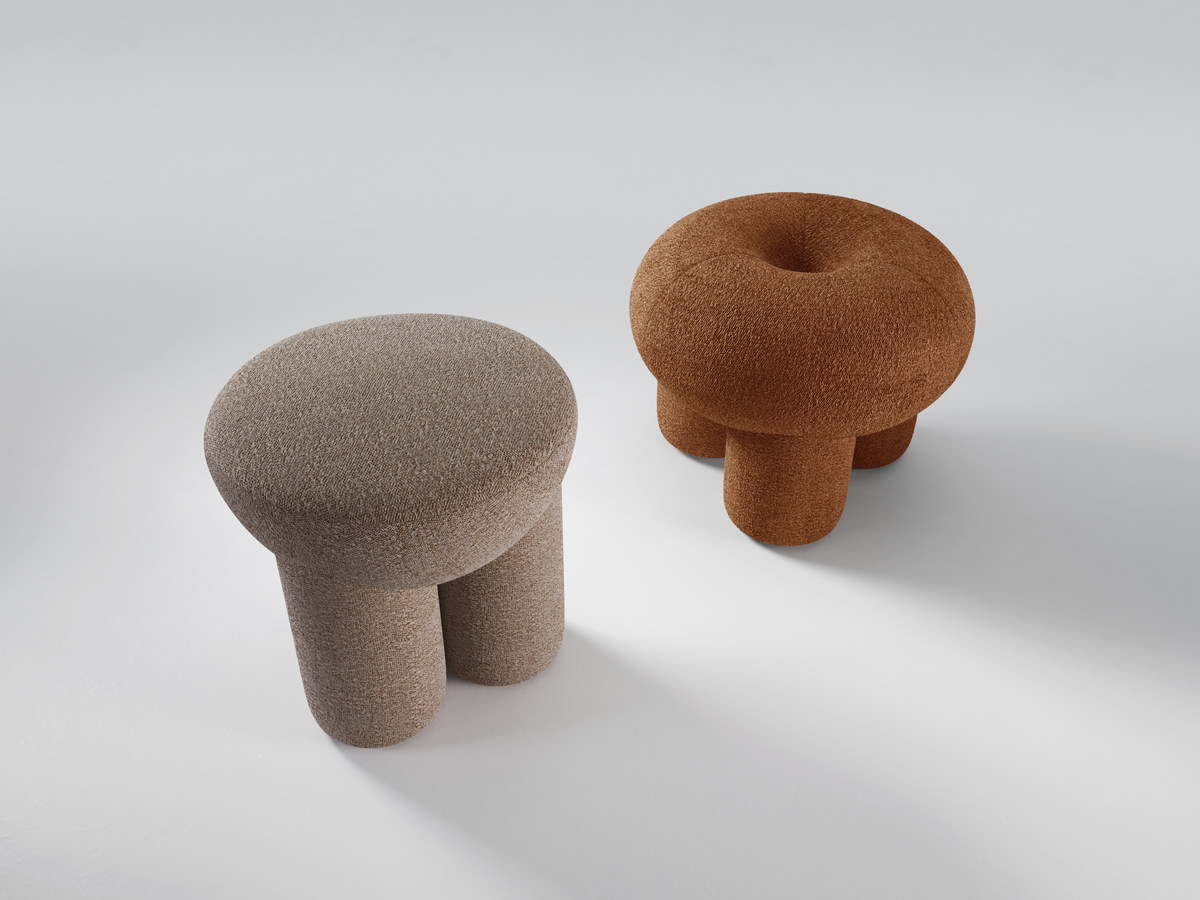 Ollie Ottoman pair in taupe and rust bouclé on a pale grey floor