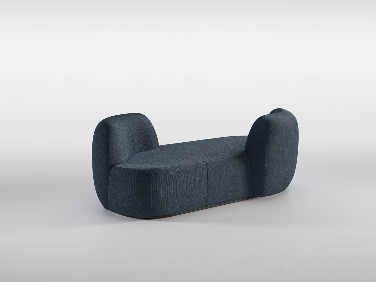 Chapter Two Sofa in navy bouclé, studio three-quarter view