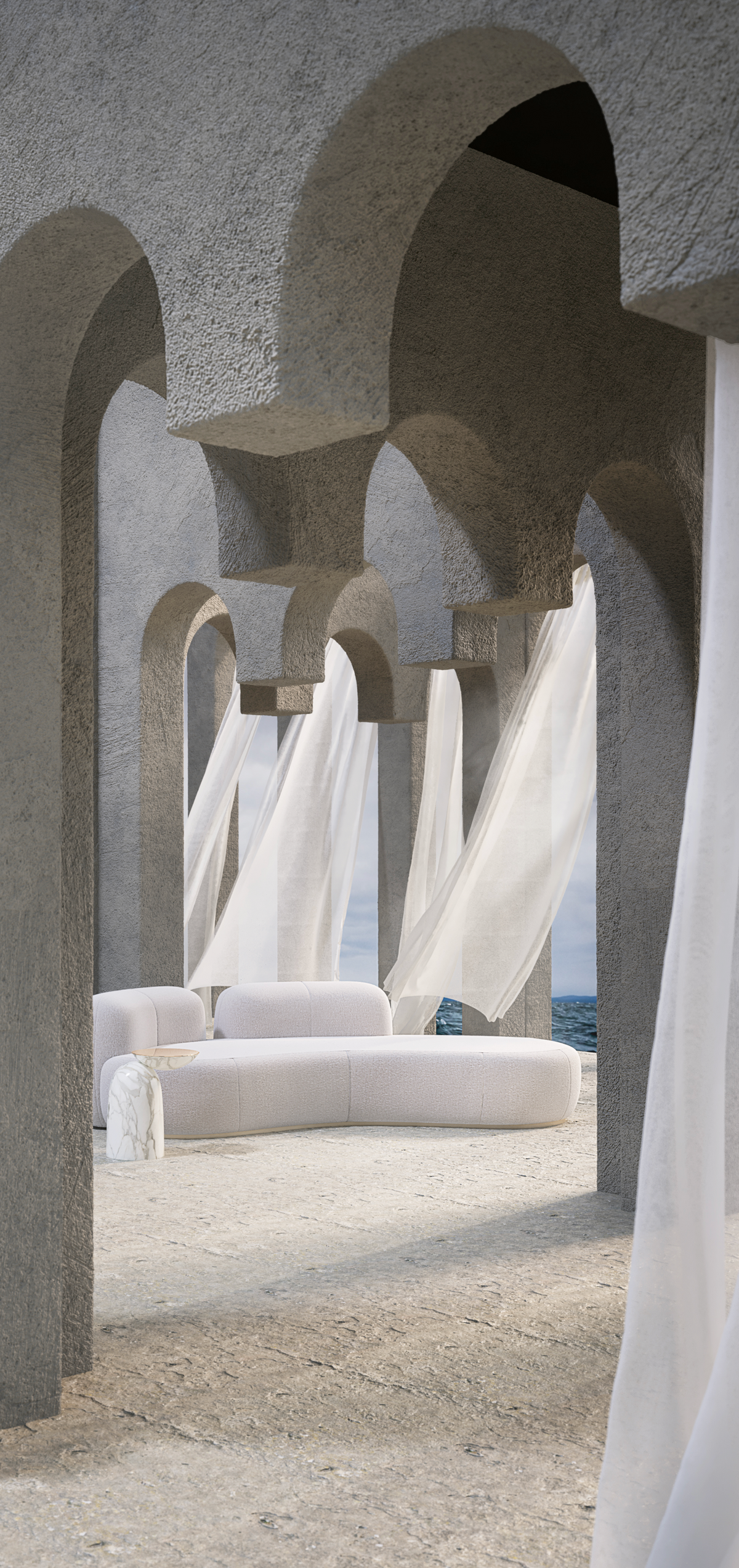 Tateyama XL Sofa in white boucle under stone arches with billowing white curtains