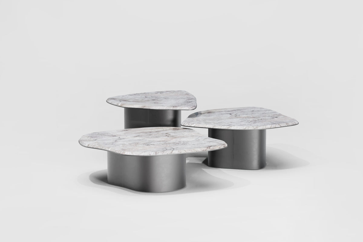 Fragment Coffee Tables trio in white marble with satin metal bases