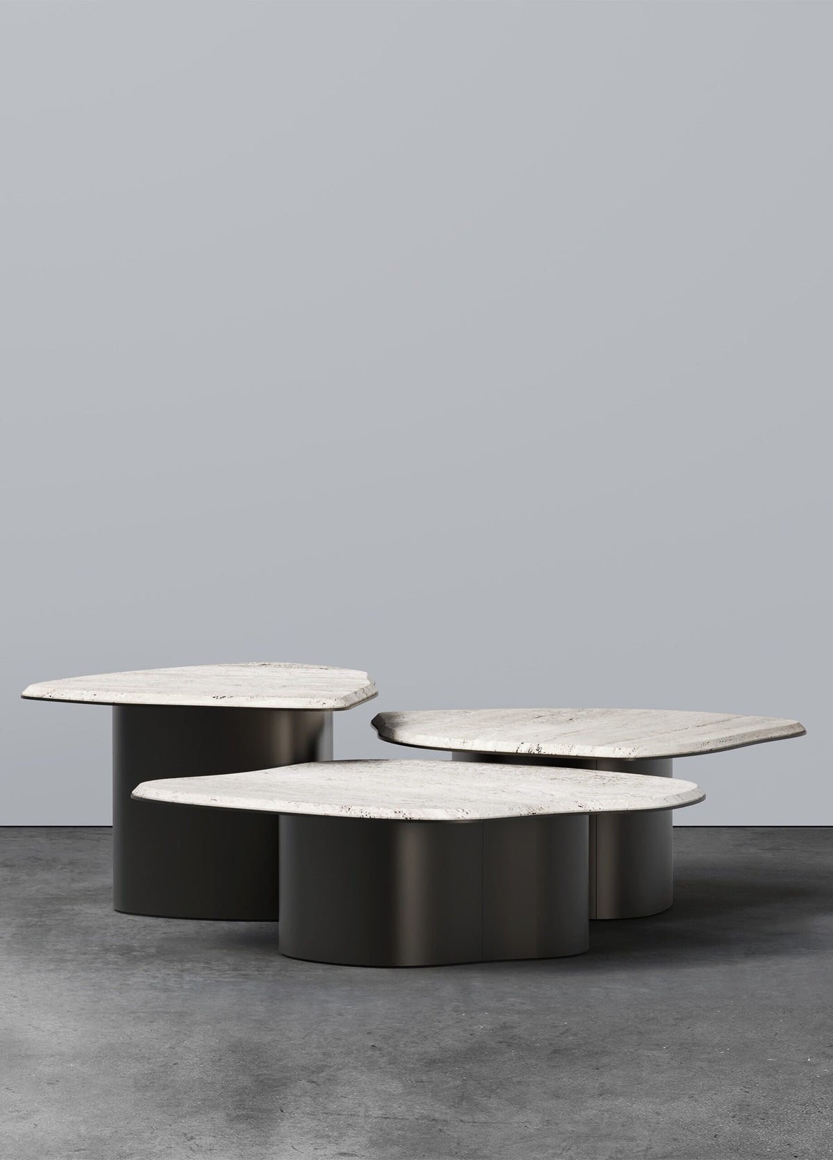 Fragment Coffee Tables trio in pale marble on dark metal bases