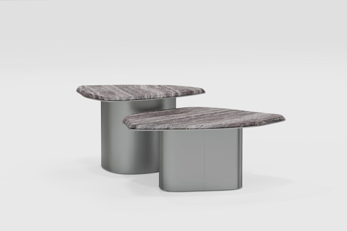 Fragment Coffee Tables pair in grey veined marble, side view