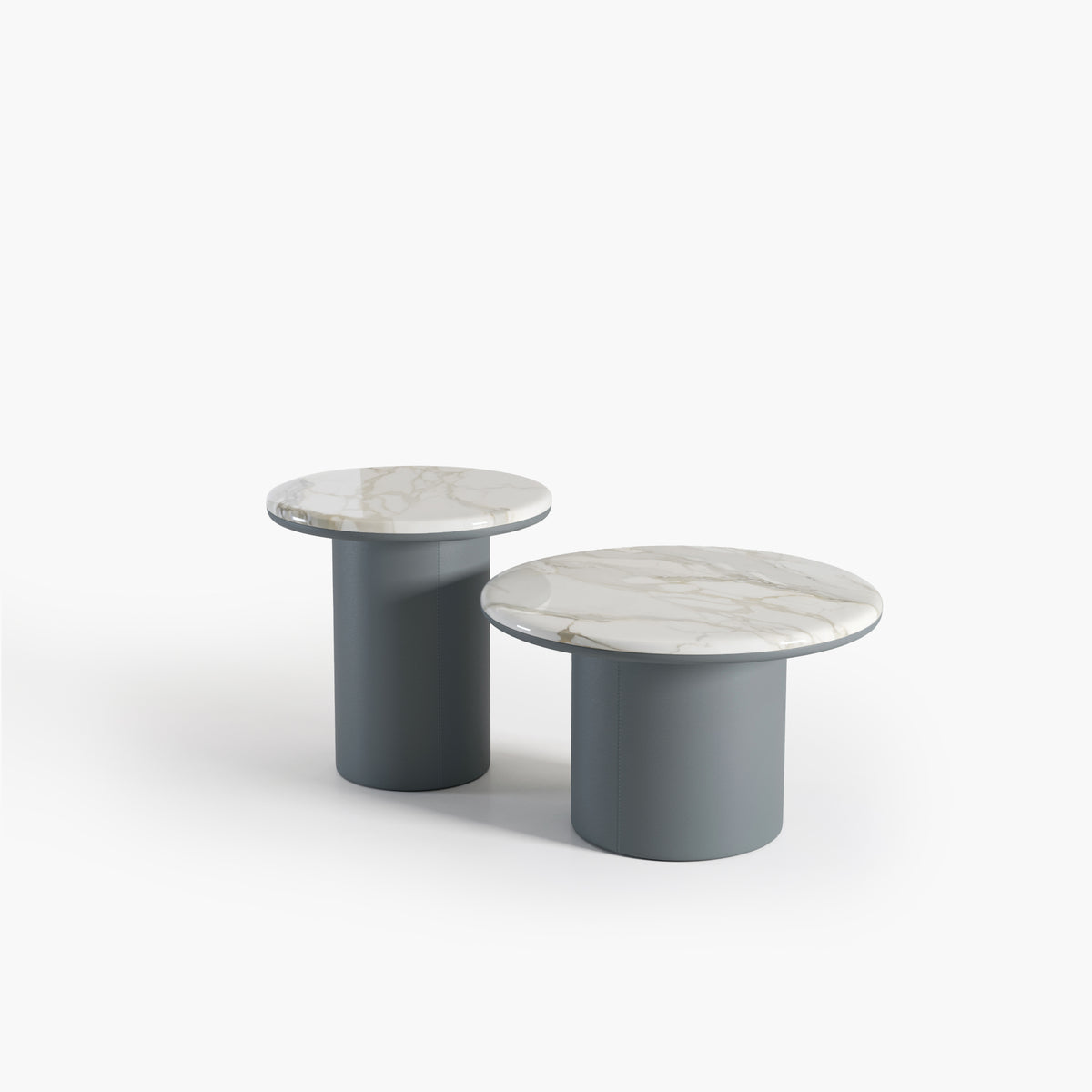 Gemini Round Side Tables pair on white, three-quarter view