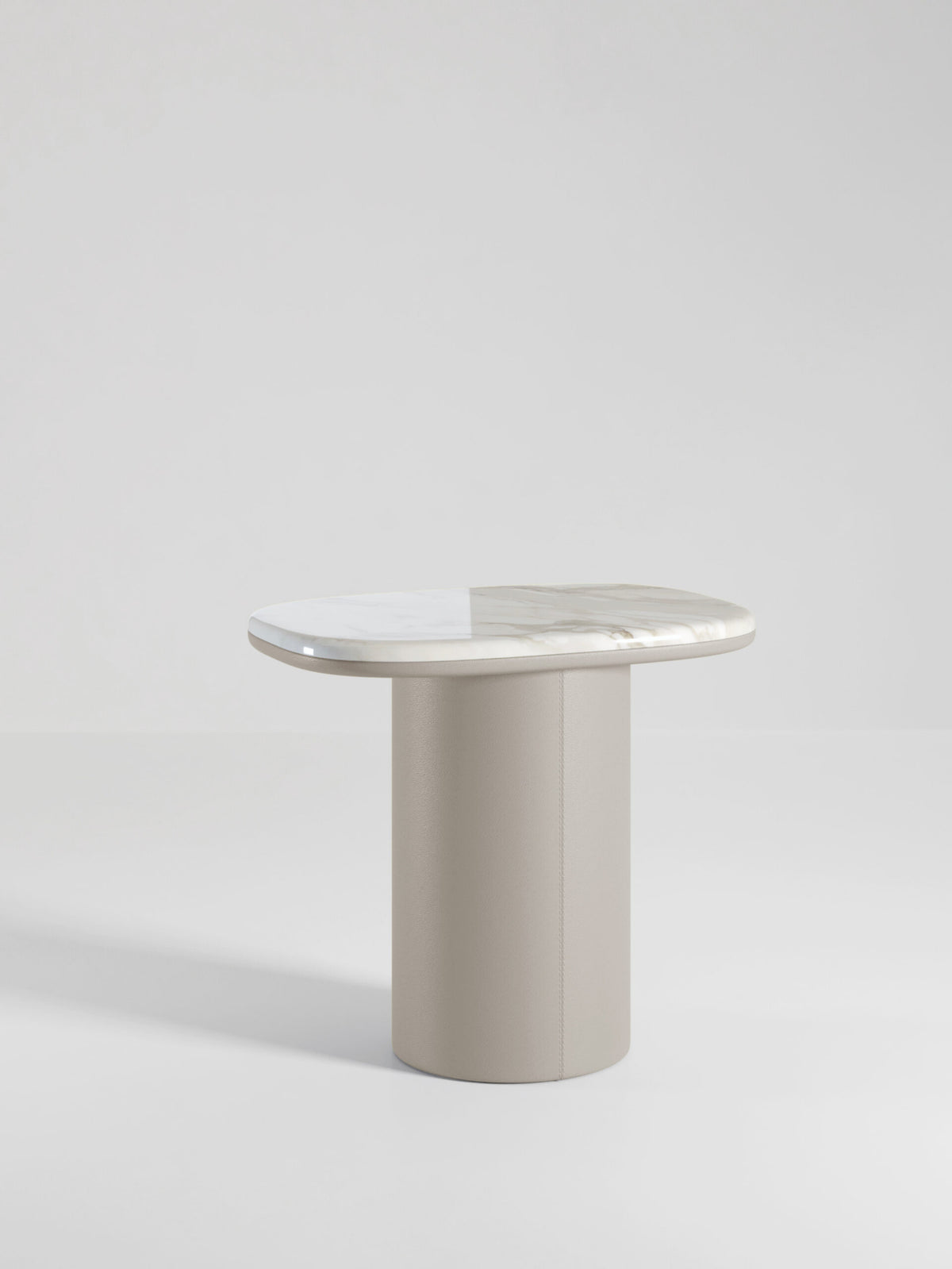 Gemini Soft Hex Side Tables smaller table in white marble on a taupe base