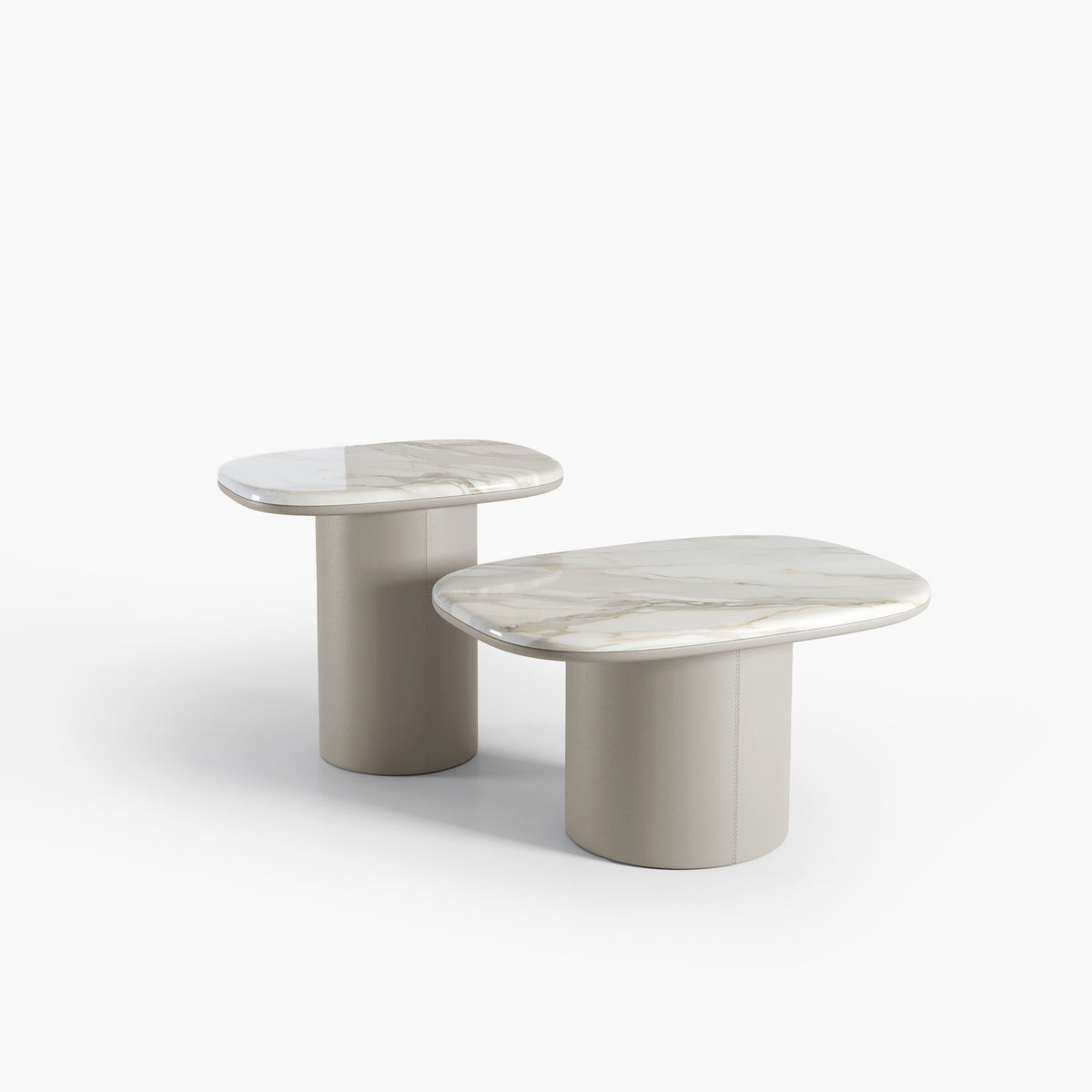 Gemini Soft Hex Side Tables pair in white marble with taupe bases, top three-quarter view