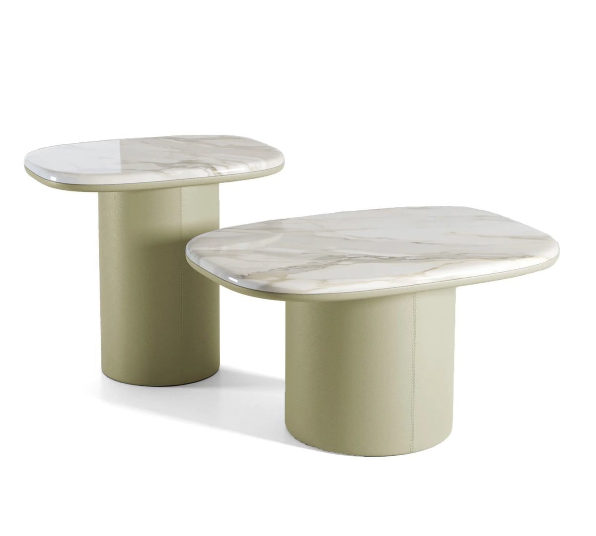 Gemini Soft Hex Side Tables pair in white marble with sage green bases