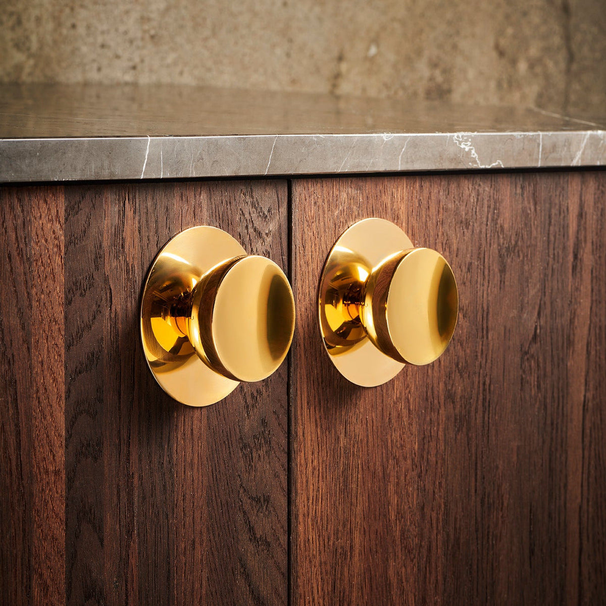 Get a Grip Cabinet Knob pair in Polished Brass with brass backplates on walnut doors